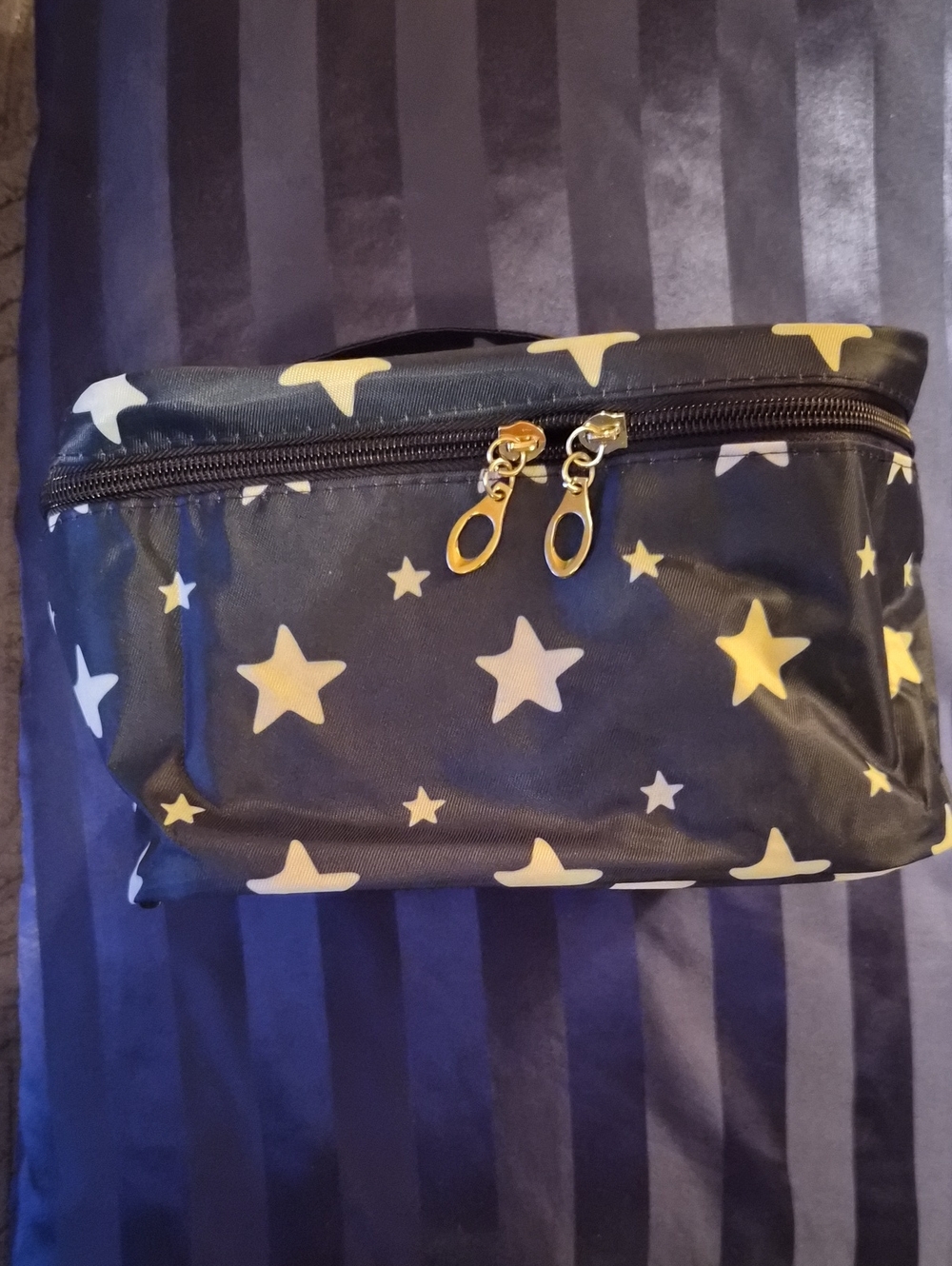 Star Print Black Cosmetic Bag with Gold Zippers